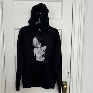 Black Graphic Hoodie, Anime character with Cat, adult L